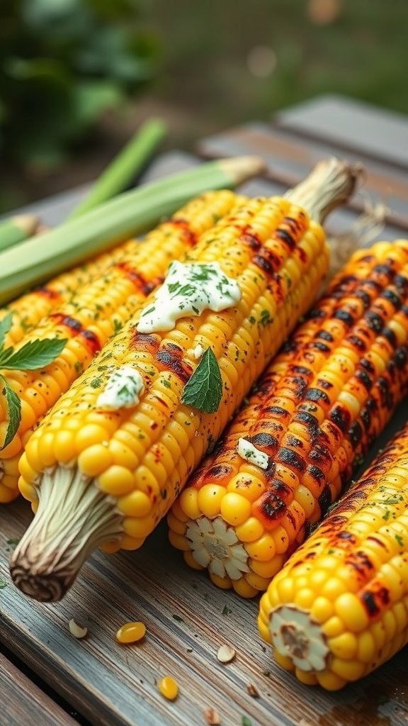 Grilled corn on the cob topped with herb butter and garnished with herbs