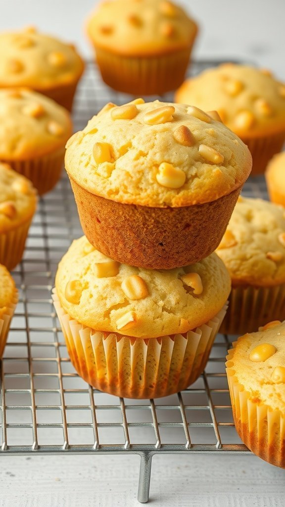Freshly baked cornbread muffins on a cooling rack.