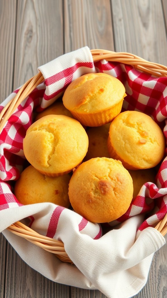 A basket of golden cornbread muffins on a checkered cloth.