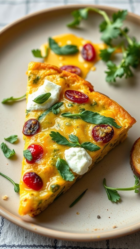 A slice of cottage cheese and herb frittata on a plate, garnished with cherry tomatoes and fresh herbs.