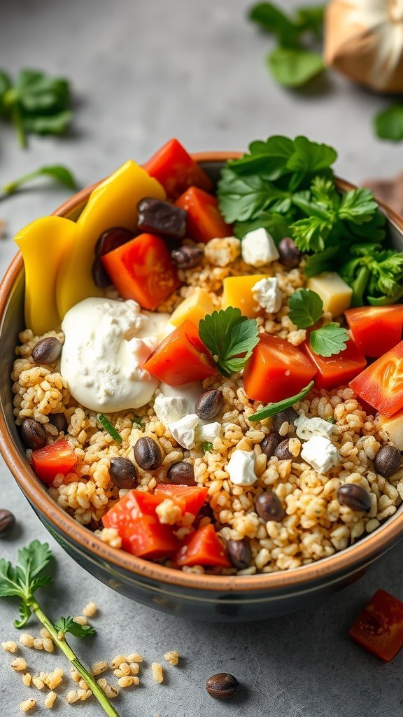A bowl filled with quinoa, black beans, tomatoes, bell peppers, cottage cheese, and fresh herbs.