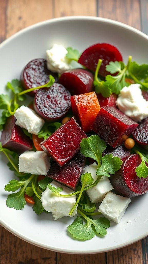 A colorful salad with beets, cottage cheese, and greens on a white plate.