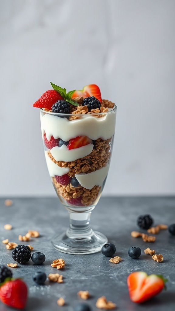 A delicious cottage cheese fruit parfait layered with granola and fresh berries.