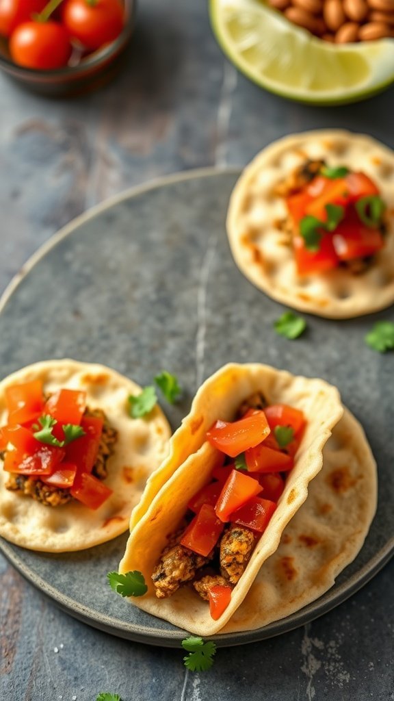 Cottage cheese pancake tacos filled with tomatoes and cilantro on a gray plate