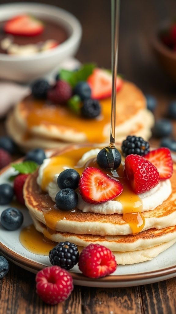 A plate of fluffy cottage cheese pancakes topped with fresh berries and syrup.