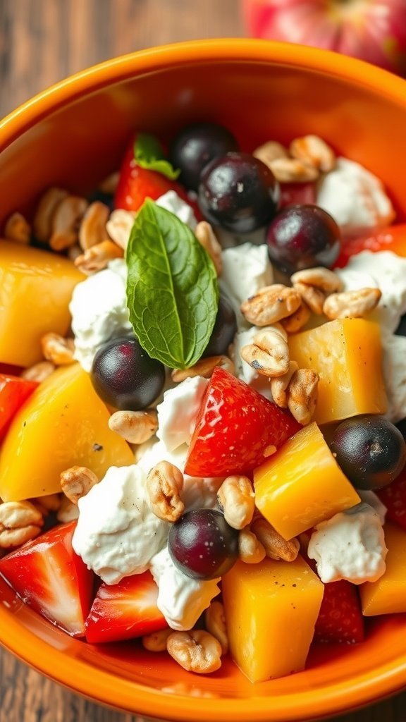 A colorful cottage cheese salad with fruits and nuts in an orange bowl.