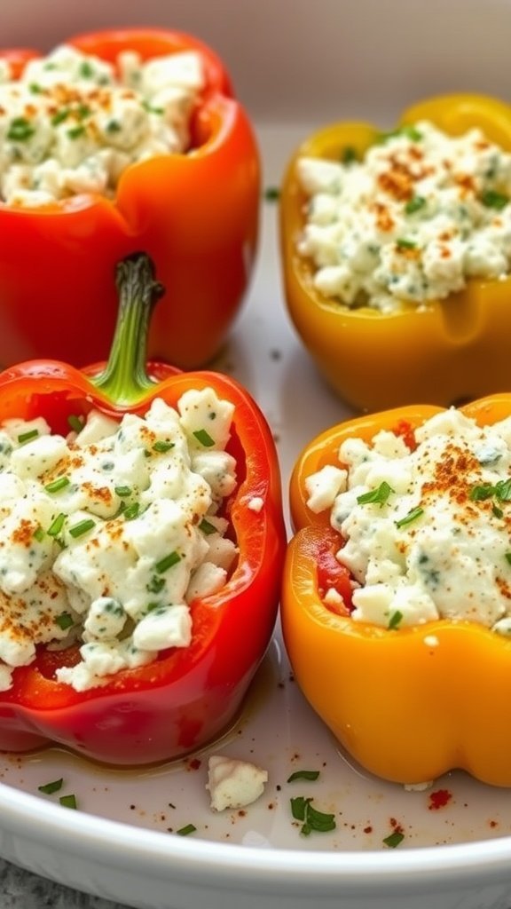 Colorful bell peppers stuffed with cottage cheese and herbs