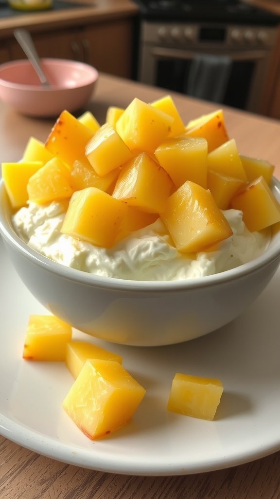 A bowl of cottage cheese topped with diced pineapple on a white plate.