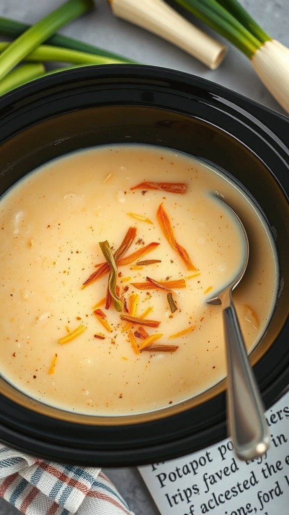 A bowl of creamy potato and leek soup with toppings, surrounded by leeks and a checkered napkin.