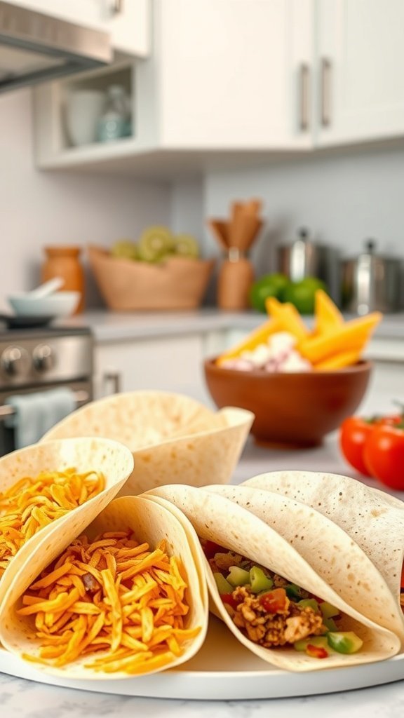 An assortment of taco shells ready to be filled with various ingredients in a kitchen setting.