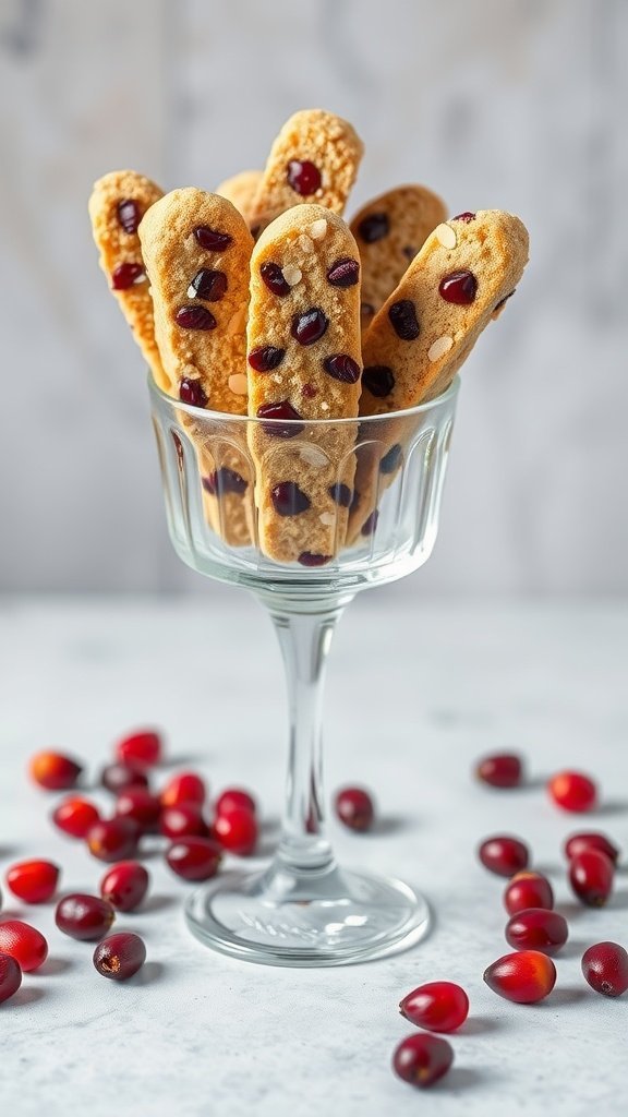 Cranberry Almond Biscotti in a glass dessert dish with scattered cranberries