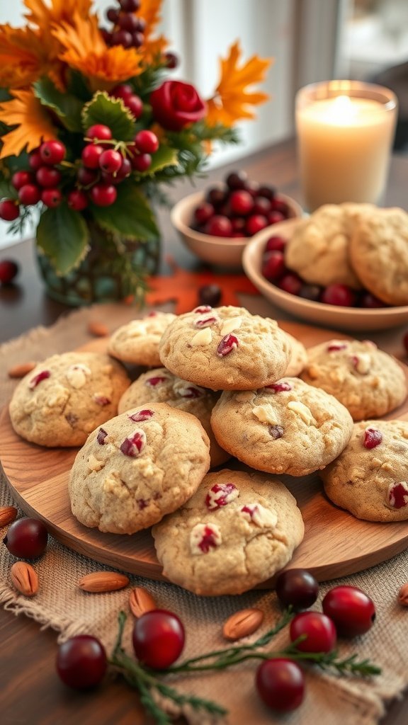 A plate of cranberry almond no bake cookies surrounded by fresh cranberries, almonds, and a decorative floral arrangement.
