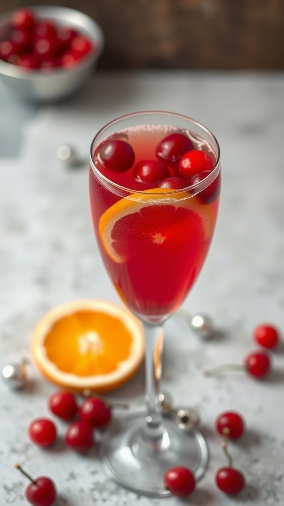 A glass of Cranberry Orange Mimosa garnished with cranberries and an orange slice, with a bowl of cranberries and an orange slice nearby.
