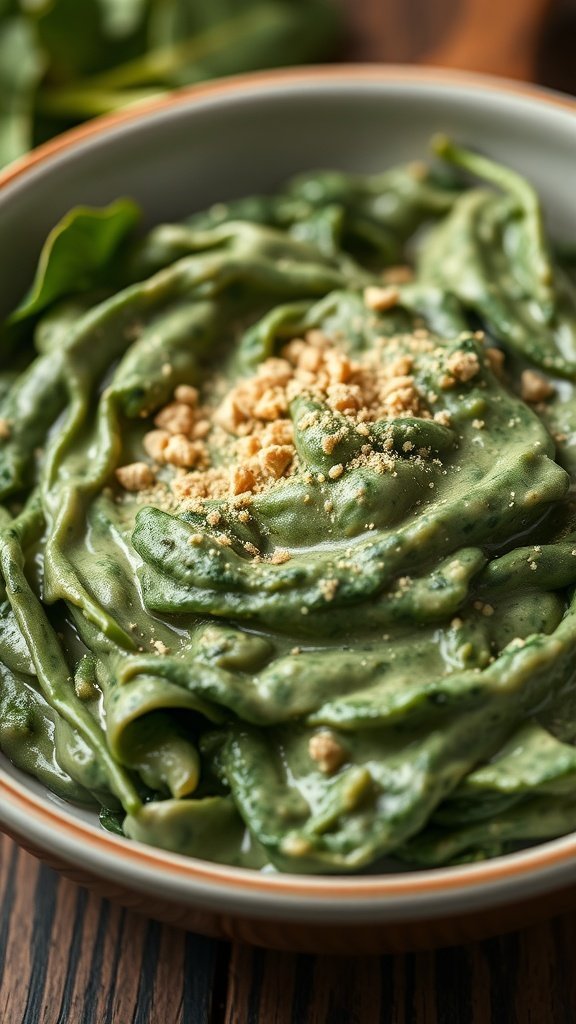 A bowl of creamy spinach garnished with crumbs, showcasing a rich, green dish.