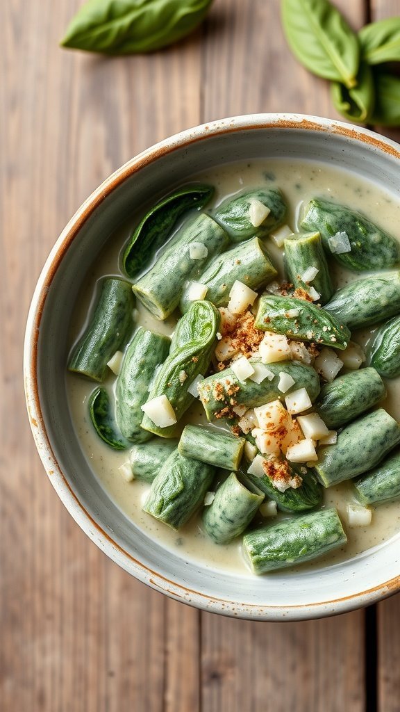 A bowl of creamed spinach with fresh spinach leaves and chopped onions.