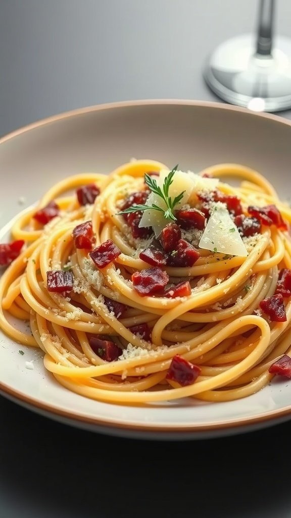 A plate of spaghetti carbonara topped with pancetta and cheese.