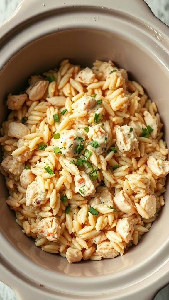 Crockpot creamy chicken and wild rice with orzo and fresh herbs
