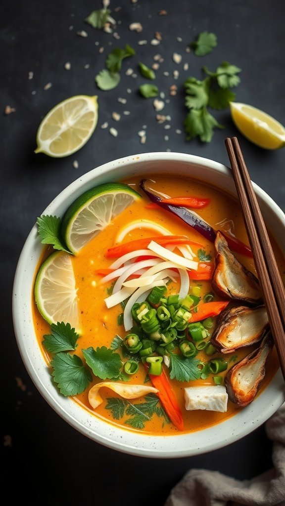 A bowl of creamy coconut curry ramen topped with herbs, lime, and vegetables.