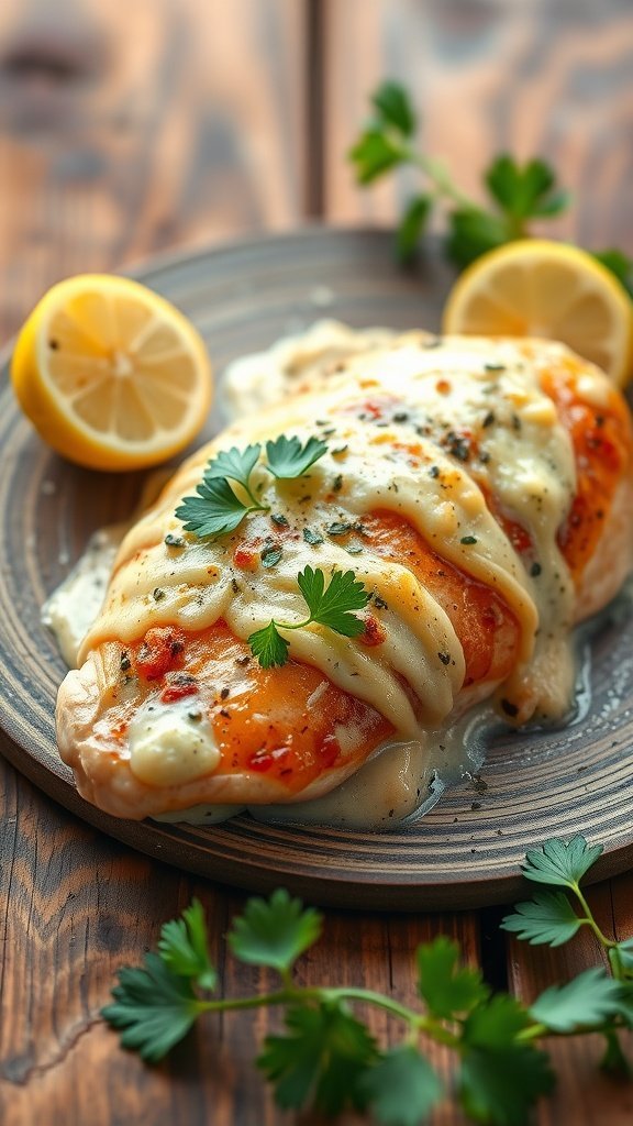 A plate of creamy garlic parmesan chicken garnished with parsley and lemon slices.