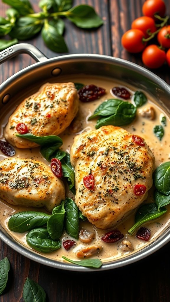 A skillet filled with creamy garlic Tuscan chicken, garnished with spinach, sun-dried tomatoes, and fresh basil, with cherry tomatoes in the background.