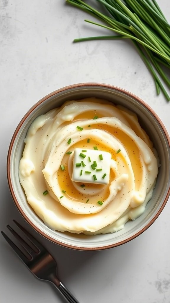 Bowl of creamy mashed potatoes topped with butter and chives