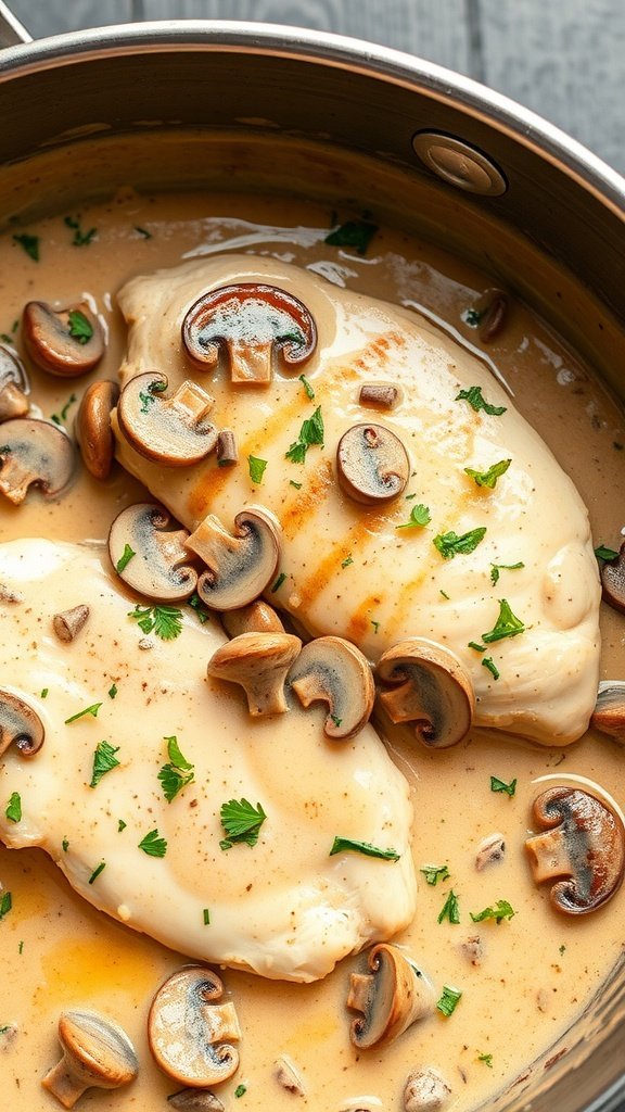 Creamy mushroom chicken in a skillet with parsley and mushrooms.