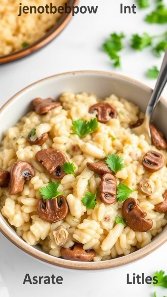 A bowl of creamy mushroom risotto topped with mushrooms and fresh herbs