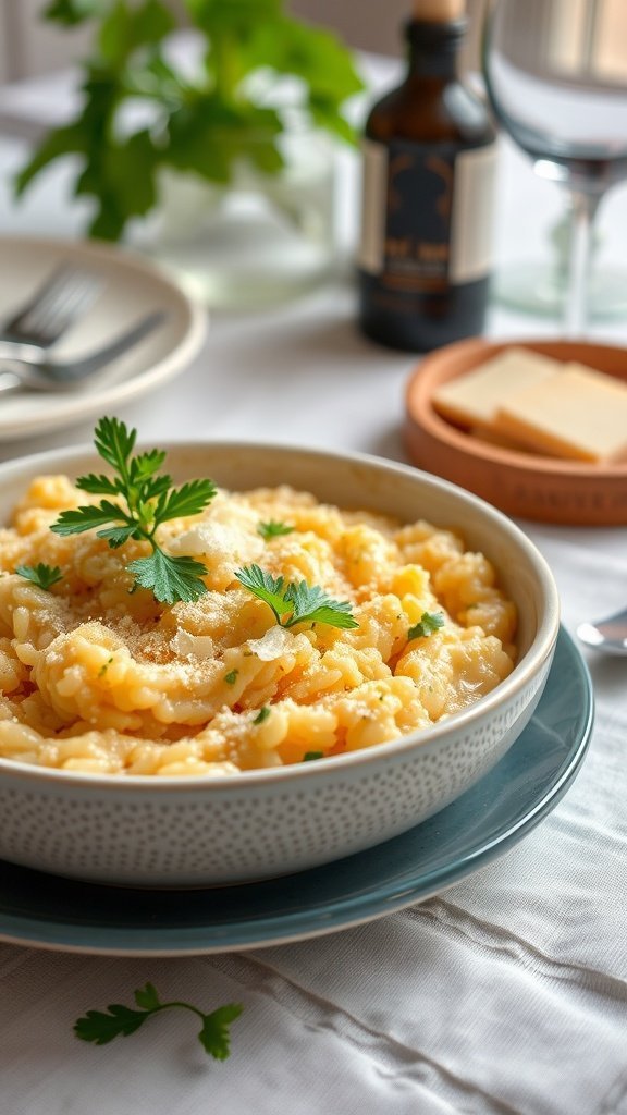 A bowl of creamy Parmesan risotto topped with parsley and cheese, set on a table with a bottle and glass in the background.