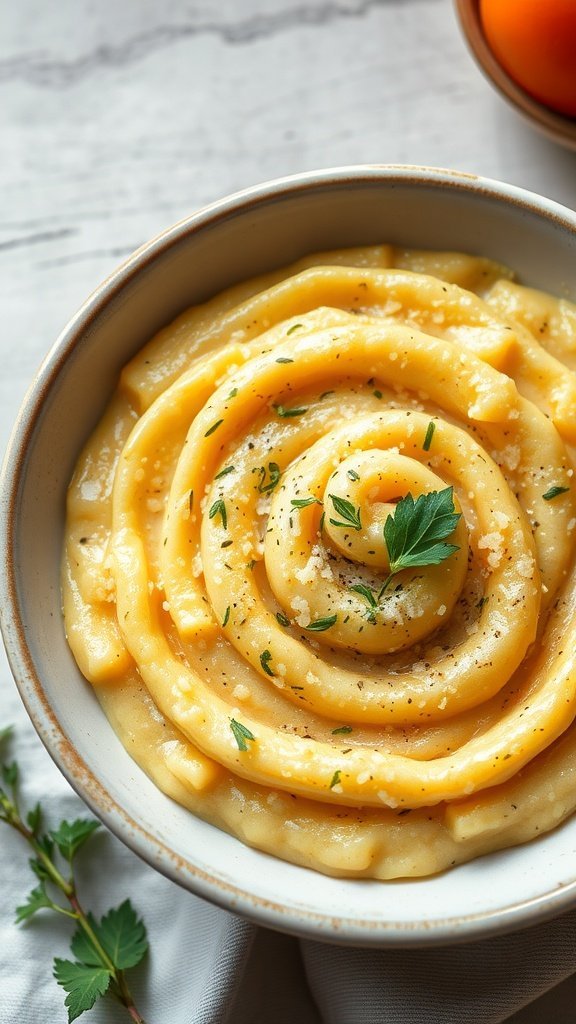 A bowl of creamy polenta arranged in a spiral design, topped with fresh herbs.