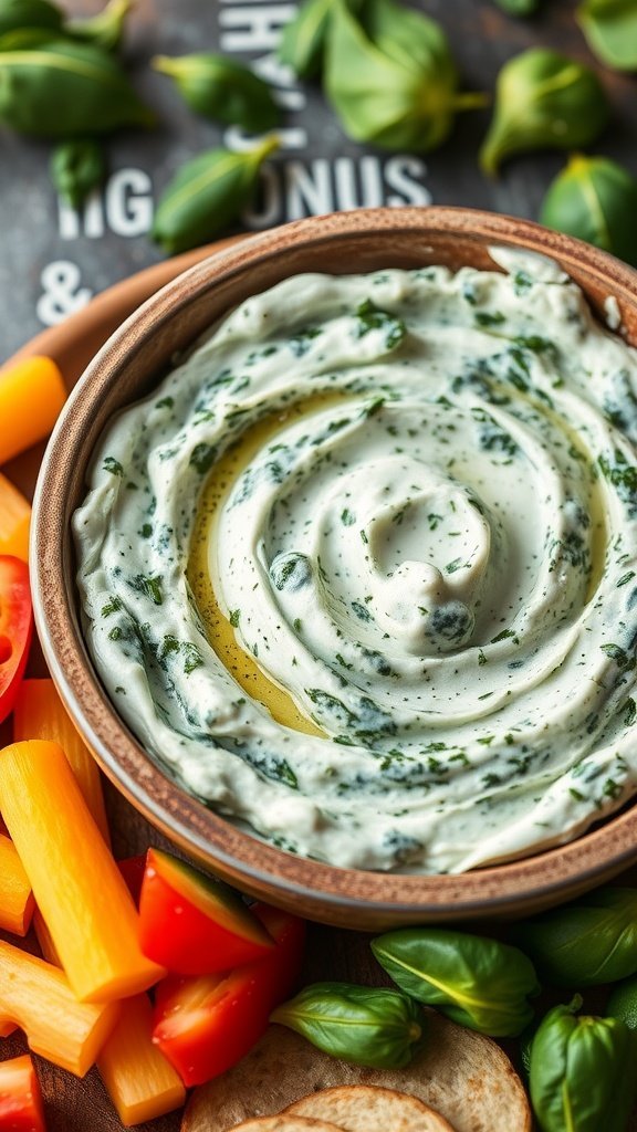 A creamy spinach and cottage cheese dip in a bowl, surrounded by fresh vegetables like tomatoes and bell peppers.