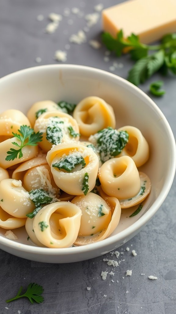 A bowl of creamy spinach and ricotta tortellini garnished with parsley and cheese