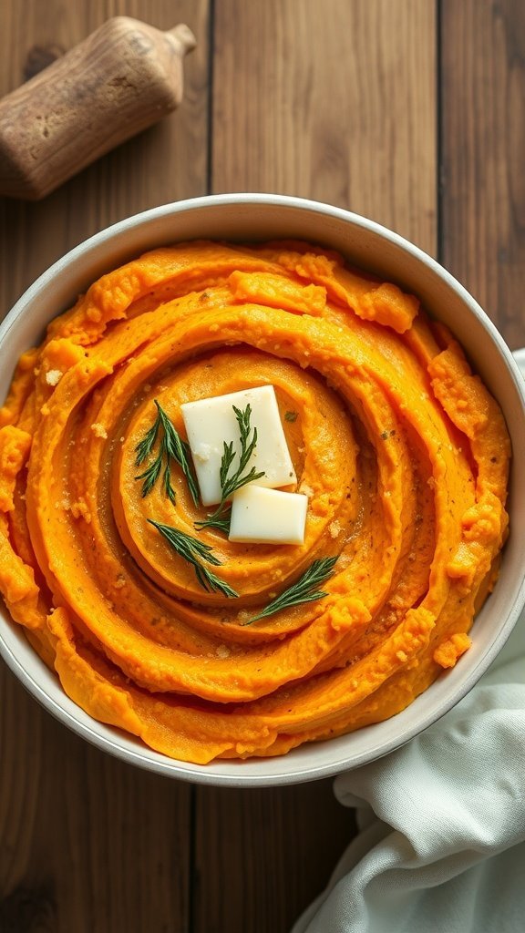A bowl of creamy sweet potato mash topped with butter and fresh herbs.