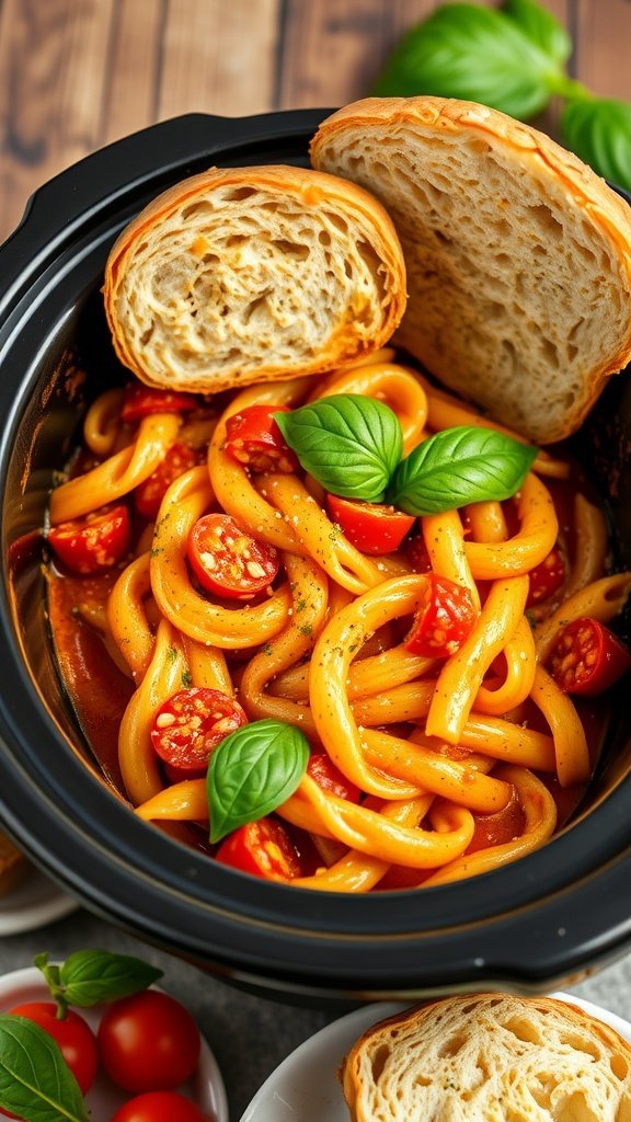 Crock pot filled with creamy tomato basil pasta, topped with fresh basil and served with slices of bread.