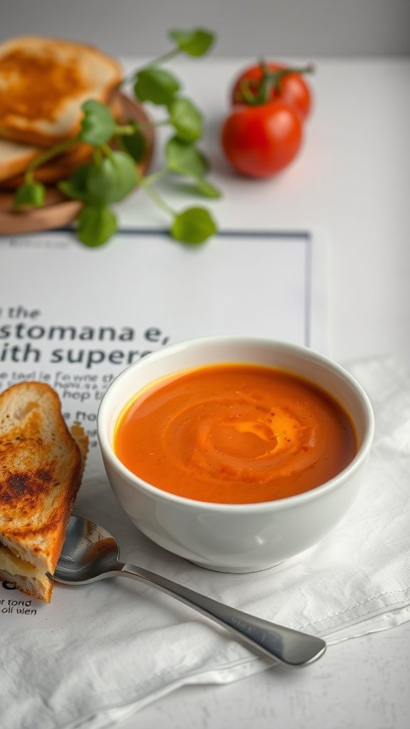 A bowl of creamy tomato soup next to a grilled cheese sandwich on a white napkin.