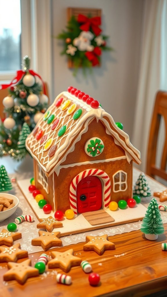 A beautifully decorated gingerbread cookie house with colorful candies on a wooden table, surrounded by gingerbread stars and small Christmas trees.