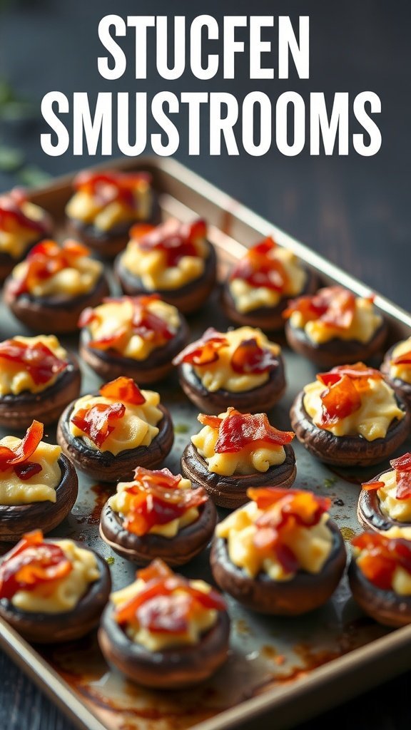 A tray of crispy bacon and cheese stuffed mushrooms ready to be served.