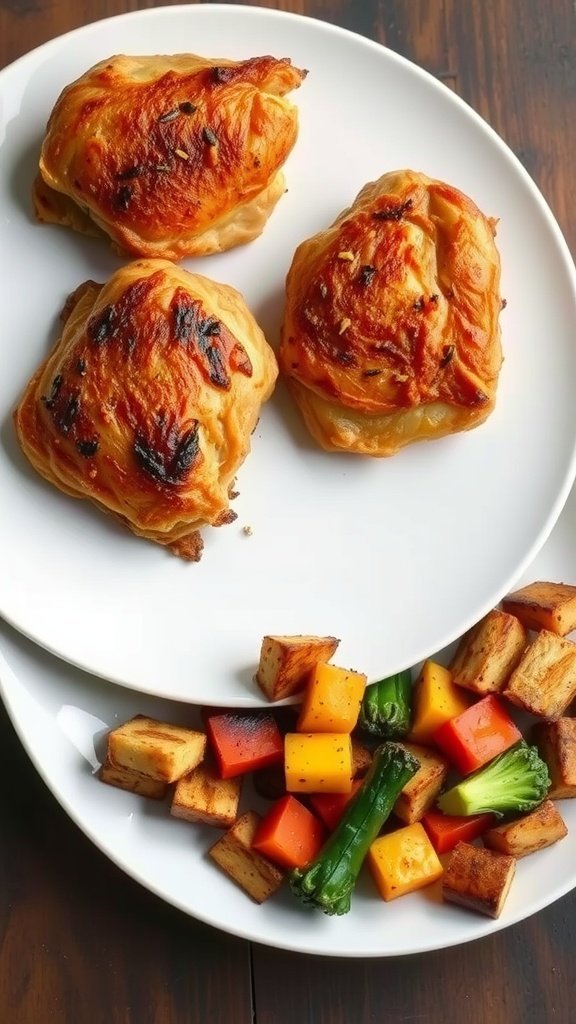 Crispy baked chicken thighs served with roasted vegetables on a white plate.