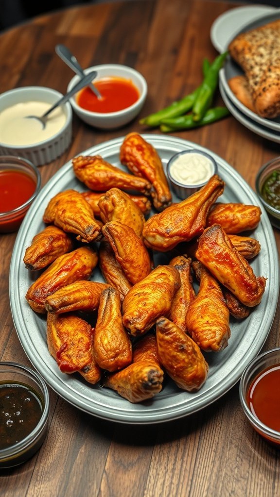 A platter of crispy chicken wings surrounded by various dipping sauces.