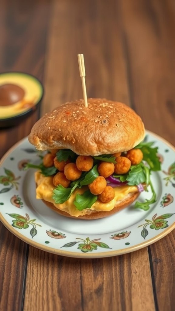 A Crispy Chickpea Sandwich on a decorative plate, featuring a sesame seed bun filled with crispy chickpeas, greens, and a creamy spread.