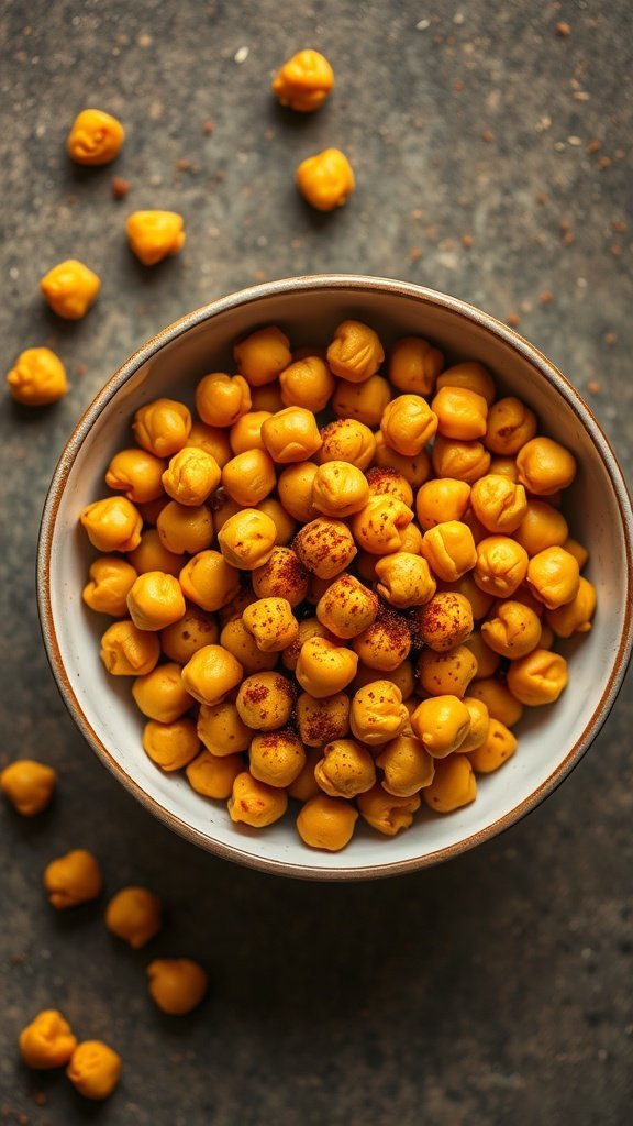 A bowl of crispy chickpeas seasoned with spices, surrounded by scattered chickpeas on a textured surface.