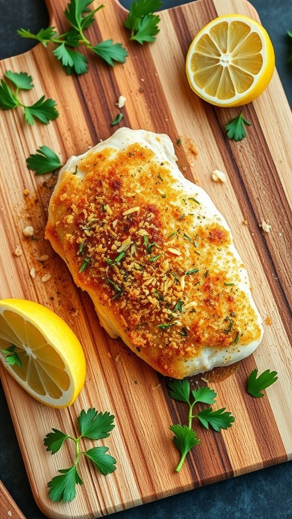Crispy parmesan crusted chicken breast with lemon slices and parsley on a wooden cutting board.