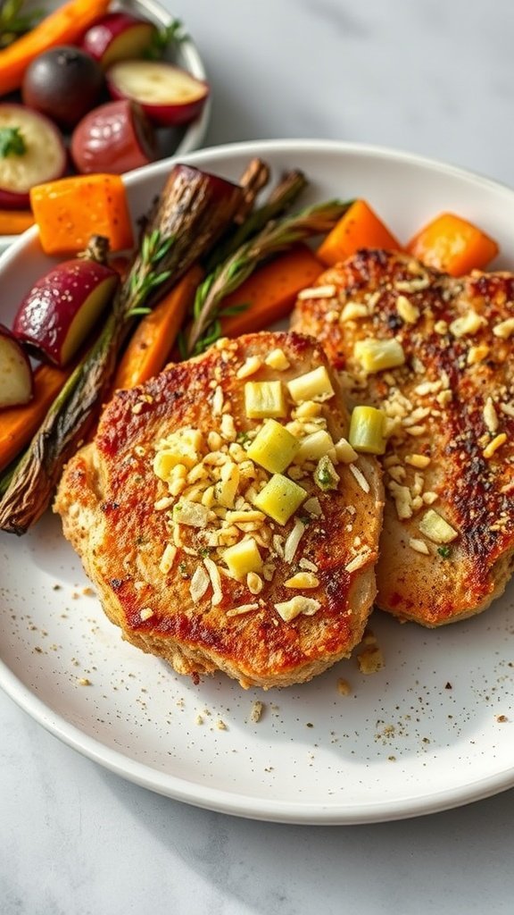 Crispy parmesan crusted pork chops served with roasted vegetables.