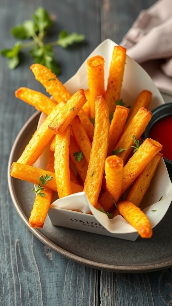 A plate of crispy Parmesan polenta fries served with a dipping sauce