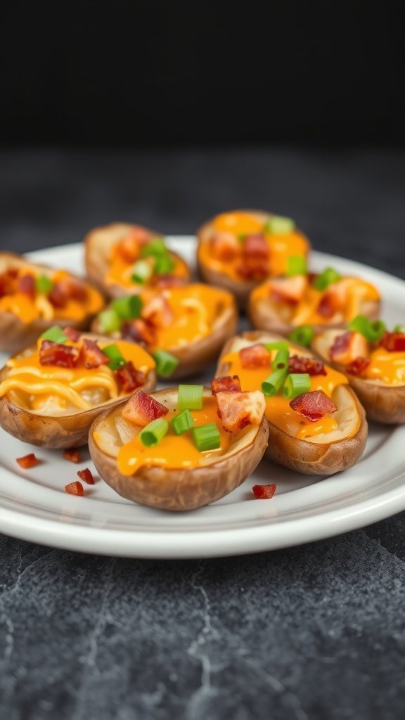 Plate of crispy potato skins topped with cheese, bacon, and green onions