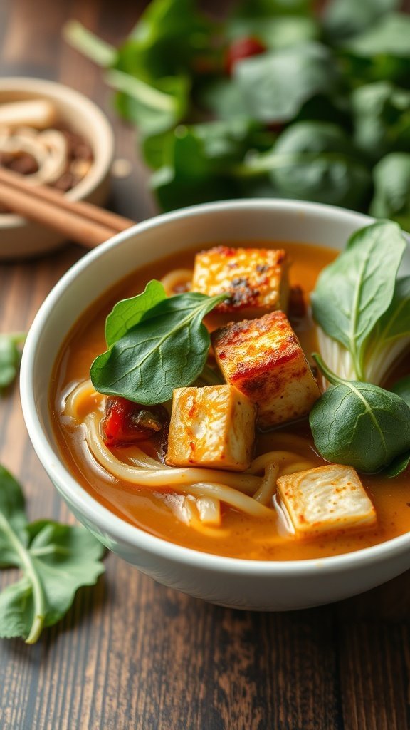 A bowl of crispy tofu and spinach ramen with a rich broth and fresh ingredients on a wooden table.
