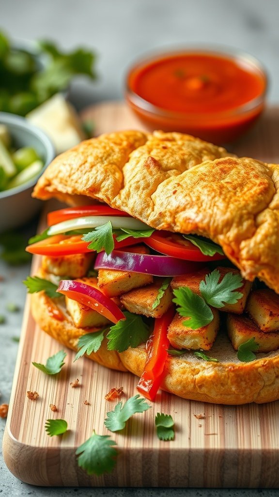 Crispy Tofu Banh Mi sandwich with fresh vegetables and sauce on a wooden board