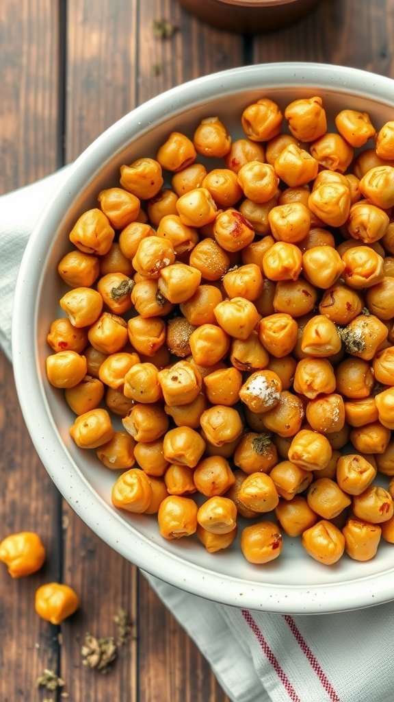 A bowl of crunchy, golden roasted chickpeas on a wooden table