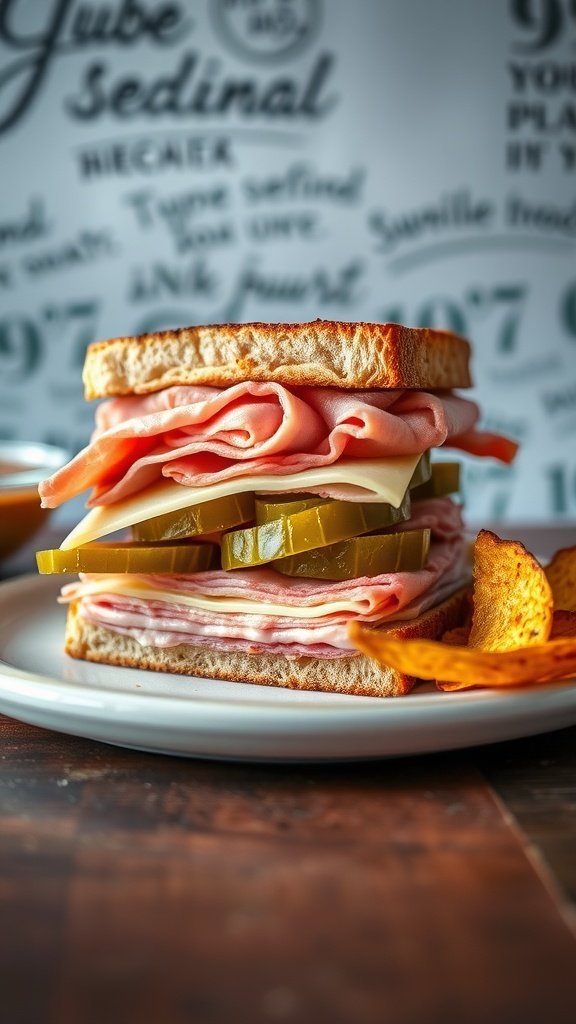 A Cuban sandwich with layers of ham, cheese, and pickles on a plate with chips.