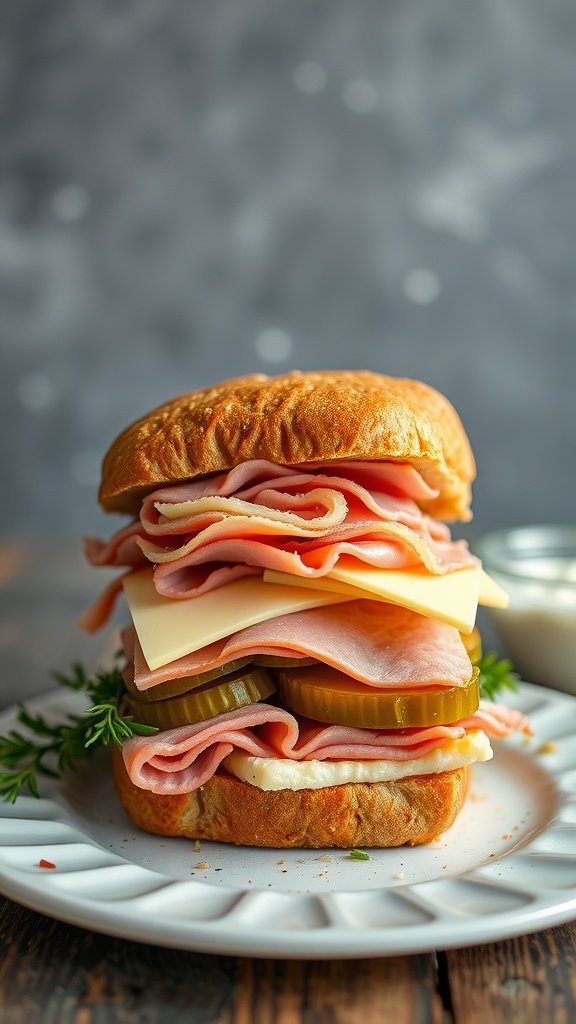 A Cuban sandwich with layers of ham, cheese, and pickles on a plate