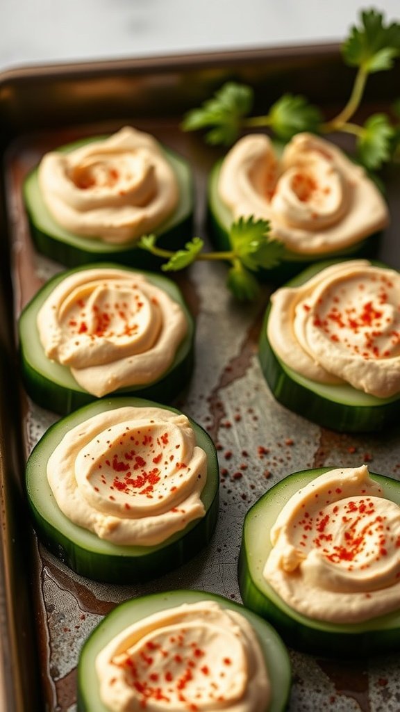 Close-up of cucumber slices topped with creamy hummus and sprinkled with paprika.